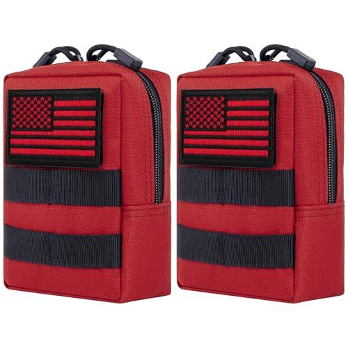 2 Pack Tactical Molle EDC Pouch Multi-Purpose Compact Pack Water-Resistant Utility Pouch with Flag Patch - color: Red