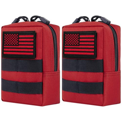 2 Pack Tactical Molle EDC Pouch Multi-Purpose Compact Pack Water-Resistant Utility Pouch with Flag Patch - color: Red