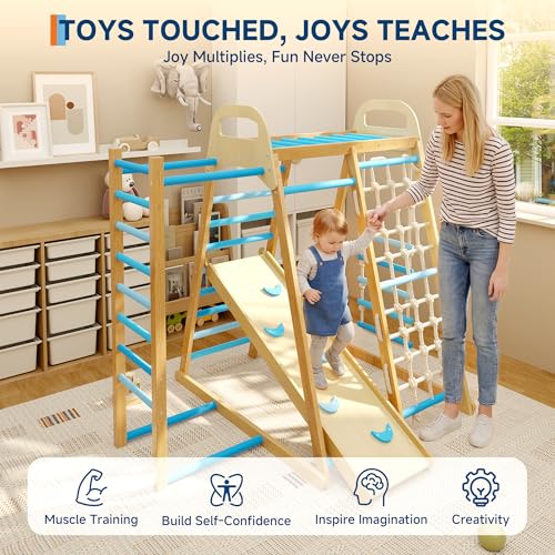 7-in-1 Wooden Jungle Gym, Indoor Kids Climbing Playset for Toddlers - color: Blue