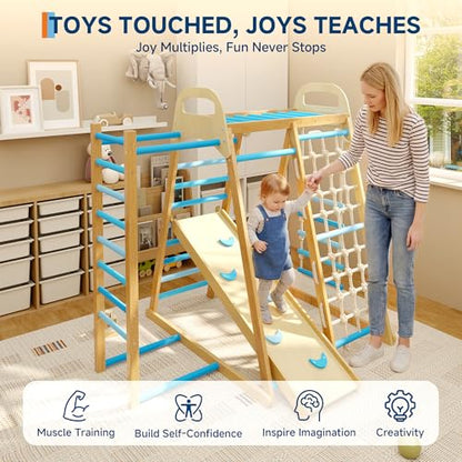 7-in-1 Wooden Jungle Gym, Indoor Kids Climbing Playset for Toddlers - color: Blue