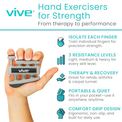 Finger Strengthener by Vive (3 Pack) Hand Grip Equipment for Guitar, Musicians, Rock Climbing & Therapy - Gripper with Exercise Guide for Strengthening Muscles | Musicians, Rock Climbing & Therapy - Gripper with Exercise Guide for Strengthening Muscles