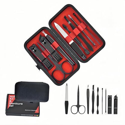 Manicure Set with Travel Case, Stainless Steel Nail Care Kit, 9-Piece Grooming Tools (Red) - color: Red