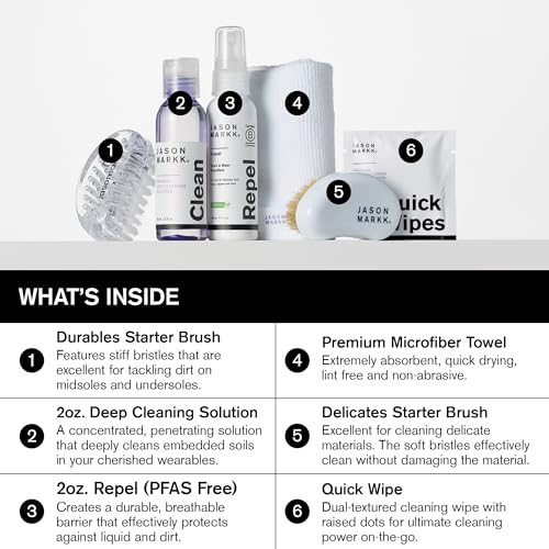 Jason Markk Starter Box, Shoe Cleaning Kit, 6-Piece Set, Deep Cleaning Solutions, Two Brushes, & Microfiber Towel, Sneaker Care, Ideal for Footwear, Safe on Leather, Suede, Nubuck, Cotton, Knits, 2oz