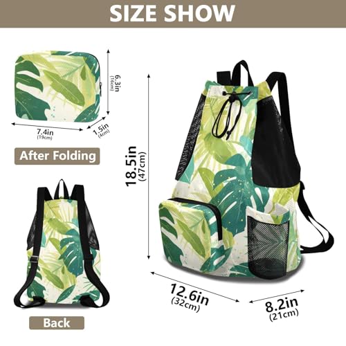 Drawstring Climbing Gym Bag With Pockets Mens Drawstring Bags with Wet Dry Compartments Watercolor Monstera Deliciosa Leaves Green