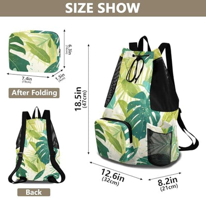 Drawstring Climbing Gym Bag With Pockets Mens Drawstring Bags with Wet Dry Compartments Watercolor Monstera Deliciosa Leaves Green