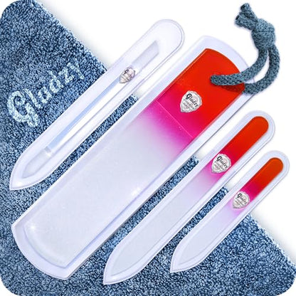 GLADZY Genuine Czech Glass Nail File Set - Callus Remover Foot Rasp, Cuticle Pusher Manicure Stick, Double Sided Etched Different Grit Surface, Professional Nail Care Tool, Made in EU - color: All-in-one Set - Orange Magenta