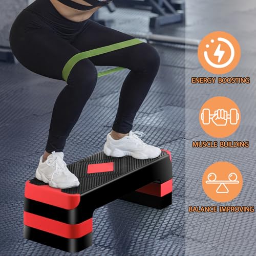 HomGarden Adjustable Workout Aerobic Stepper in Fitness & Exercise Step Platform Trainer Stepper w/Risers Adjust 4"-6''-8'' - color: Red