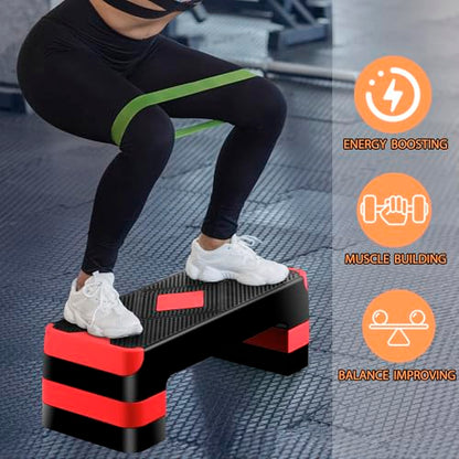 HomGarden Adjustable Workout Aerobic Stepper in Fitness & Exercise Step Platform Trainer Stepper w/Risers Adjust 4"-6''-8'' - color: Red