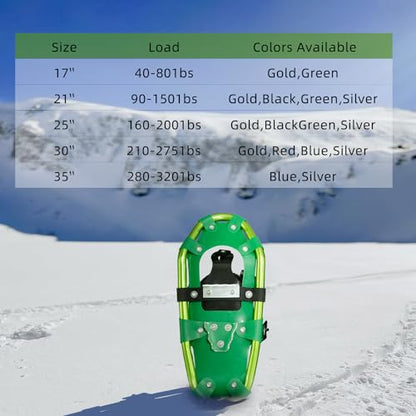 Snowshoes,Lightweight Aluminum Frame,13-Point Heavy Duty Crampons,UV Shoe Decking, and Ratchet System for Secure Fit Complete with Carry Bag for Convenient Storage and Travel - color: GREEN