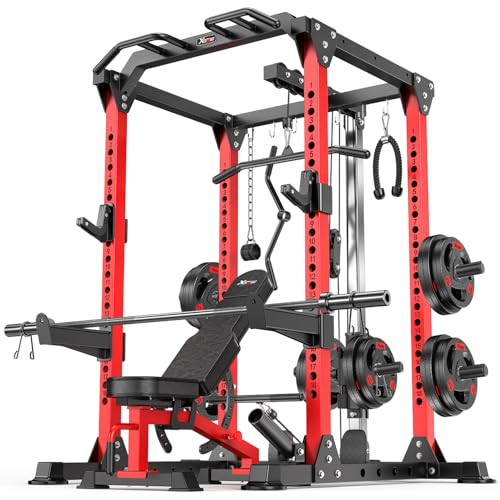 Power Rack Power Cage Multi-Function Squat Rack with Cable Crossover System Selectable More Training Attachment Power Rack for Garage & Home Gym - color: Red, size: C set L01+Weight Bench+（pole+Cast Iron）248LBS