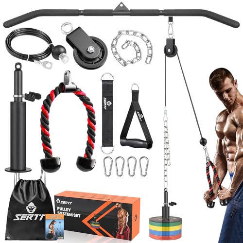 SERTT Cable Pulley System Gym, Power Rack Pulley Attachment with 2-in-1 LAT Pull Down Bar and Upgraded Loading Pin,Used for Triceps Pulldown, Biceps, Back, Shoulder - color: with Nylon Pulley