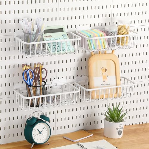 Maxdot 4 Pcs Pegboard Baskets with Hook, Compatible with IKEA Skadis Peg Board, Wall Bins and Baskets Storage Box Containers Accessories for Home Garage Office, 11 x 5 x 3 Inches (White) - color: White