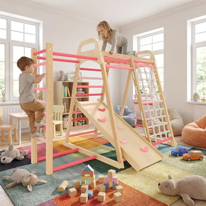7-in-1 Wooden Jungle Gym, Indoor Kids Climbing Playset for Toddlers - color: Rainbow