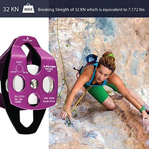 Fusion Climb Lightweight and Durable Aero Space Aluminum Alloy Double Pulley Swing Plate 32kN for Progress Capture System Rigging Hauling Rescue Arborist Tree Climbing - color: Purple