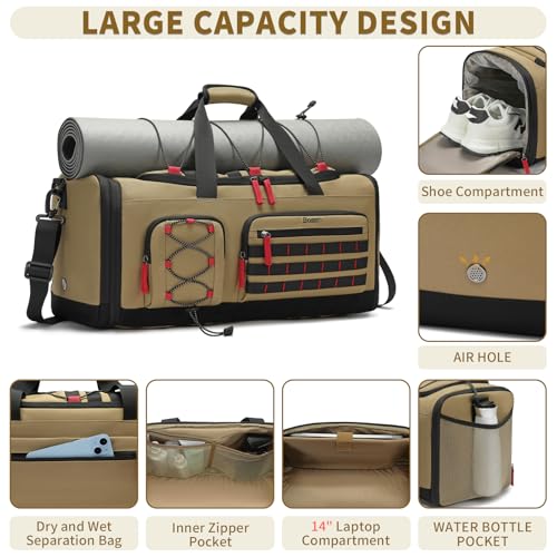 Bosstin Gym Bag for Men & Women,45L Travel Duffle Sports Duffel Bag Gym Weekender Overnight Backpack with Shoe Compartment (Khaki) - color: 6Khaki