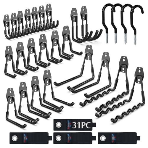 3-H Heavy Duty Garage Hooks, 31 Pack Wall Storage Organizer,Black | Multi-Purpose Garage Hooks to Organize Garden Lawn Tools, Sports Gear, Ladders, Power Tools & Outdoor Hoses - color: Black, size: 31