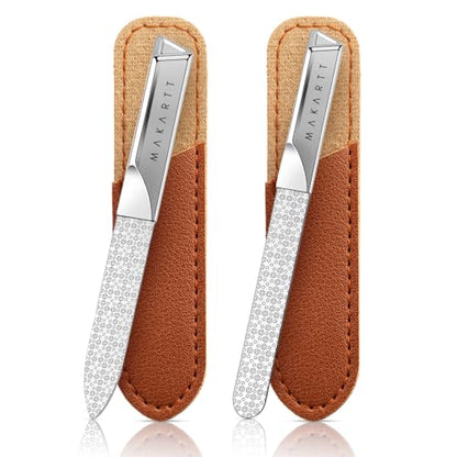 Makartt Metal Nail Files for Natural Nails: Stainless Steel File Set, 2PCS | Dual-Sided Coarse & Fine Grinding Surface, Precision, Durable, Nail Care Tool with Leather Case, for Women & Men - color: Metal nail files-2pcs