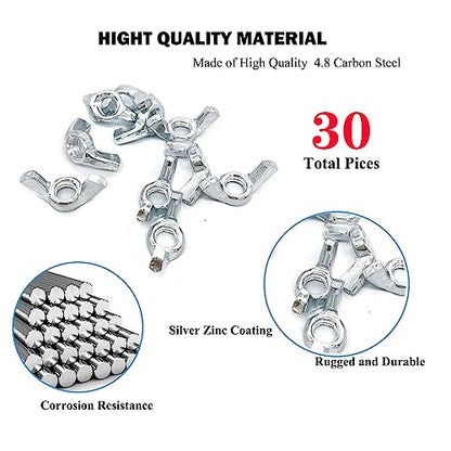 30 PCS 5/16-18 Inch Wingnuts, Quality Carbon Steel Wing Nuts Zinc Plated Fasteners Parts Butterfly Nut, Hand Twist Tighten Hardware Nuts Butterfly Wing-Nut 5/16-18” Assorted Kit - size: 5/16"-18 - Carbon Steel - 30 Pcs