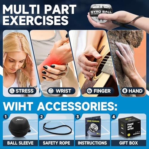 XMALL Torque Ball Hand Exerciser, Grip Strength Trainer, Forearm Strengthener, Wrist Power Gyro Ball, Hand Strengthening Devices, Wrist Strengthener, Finger Exerciser, Auto-Start - color: Blue (Colorful Light)
