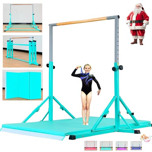 Marfula Gymnastic Bar For Kid and Teenage of 3-25, 5Ft/8 FT Base Length 4Ft Width 5Ft Adjust Height, Gymnastic Kip Bar For Gymnast, Gymnastic Training Equipment For Professional Training Home Club Use - color: Bar With Mat-Cyan (5 Ft Base)