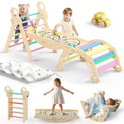10-in-1 Pikler Triangle Set with Cushion, Rainbow Valley | Foldable Montessori Climbing Toys for Indoor Play, Wooden Toddler Gym for Balance, Coordination and Car-track Fun - color: Rainbow Valley