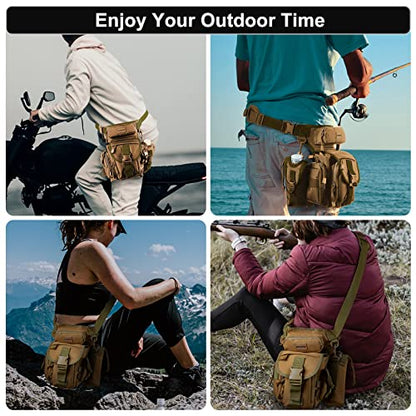 Jueachy Drop Leg Bag for Men Tactical Metal Detecting Thigh Pack with Water Bottle Pouch - color: Tan