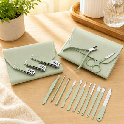 16 Piece Stainless Steel Manicure & Pedicure Set, Professional Nail Clippers Kit with Ear Spoon, Cuticle Tools, Scissors, Files, Folding Bag - Complete Home Nail Care Grooming Kit