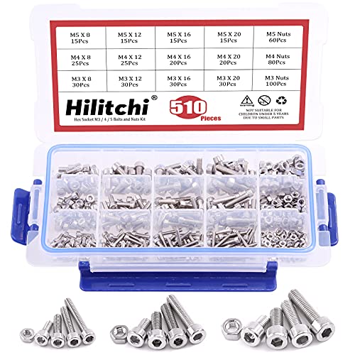 Hilitchi 510pcs M3 M4 M5 Stainless Steel Hex Socket Head Cap Bolts Screws Nuts Assortment Kit - 304 Stainless Steel (Hex Socket) - style: Hex Socket