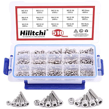 Hilitchi 510pcs M3 M4 M5 Stainless Steel Hex Socket Head Cap Bolts Screws Nuts Assortment Kit - 304 Stainless Steel (Hex Socket) - style: Hex Socket