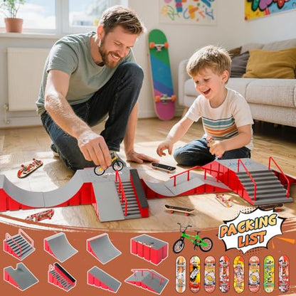 Finger Skateboard Park Kit for Kids, 14-in-1 Mini Skatepark Ramp Set with Half Pipe, 8 Finger Skateboards & Finger Bike, Ramp Accessories Toy Gifts for Boys Girls Ages 3+ - color: 14in1-red