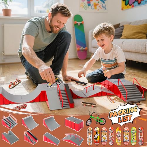 14-in-1 Fingerboard Skatepark Set with 8 Finger Skateboards and Finger Bike | Modular fingerboard skatepark, Multiple layouts, Smooth-edge ABS ramps, Half pipe and rails, Fits most standard fingerboards - color: 14in1-red