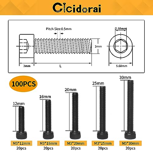 M3 x 12mm 16mm 20mm 25mm 30mm Hex Socket Head Cap Screws Bolts, 12.9 Grade Alloy Steel, Black Oxide Finish, Fully Threaded, Metric Allen Hex Drive, Assortment Kit 100Pcs - size: Hex Socket Head M3x12, 16, 20, 25, 30mm(100pcs)