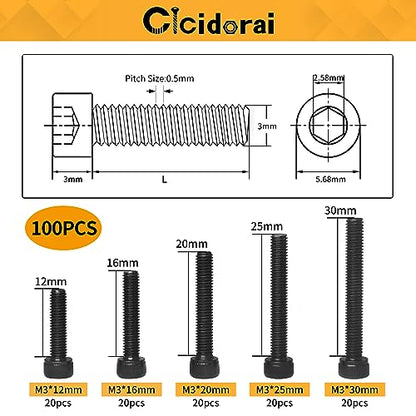 M3 x 12mm 16mm 20mm 25mm 30mm Hex Socket Head Cap Screws Bolts, 12.9 Grade Alloy Steel, Black Oxide Finish, Fully Threaded, Metric Allen Hex Drive, Assortment Kit 100Pcs - size: Hex Socket Head M3x12, 16, 20, 25, 30mm(100pcs)