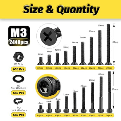 Kadrick M3 Screws Assortment Kit, 2440 Pcs Hex Socket Cap & Phillips Flat Head M3 Bolt Kit, 4-35mm Length, Nuts, Washers & Allen Wrench Included,M3 Bolts for 3D Printing - size: M3 2440Pcs 4-35mm