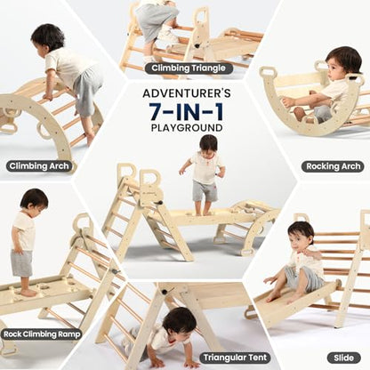 Pikler Triangle Set with Safe Handle, Climbing Toys for 1-3 Year | Foldable 7-in-1 Montessori Toddler Climbing Toys Indoor, Wooden Pickler Climbing Set, Baby Jungle Gym & Playground, Natural - color: Natural Wood