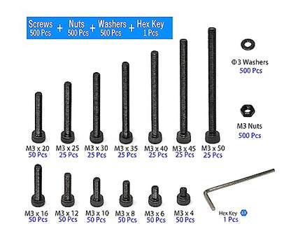 iexcell 1500 Pcs M3 x 4/6/8/10/12/16/20/25/30/35/40/45/50 Alloy Steel 12.9 Grade Hex Socket Head Cap Screws Bolts Nuts Washers Assortment Kit, Black Oxide Finish - size: M3 x 4/6/8/10/12/16/20/25/30/35/40/45/50mm