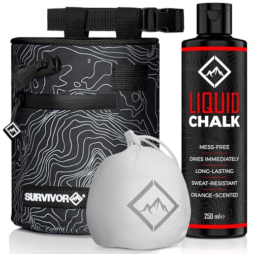 SURVIVOR Chalk Bag + Refillable Chalk Ball + 250ML Liquid Chalk Bundle