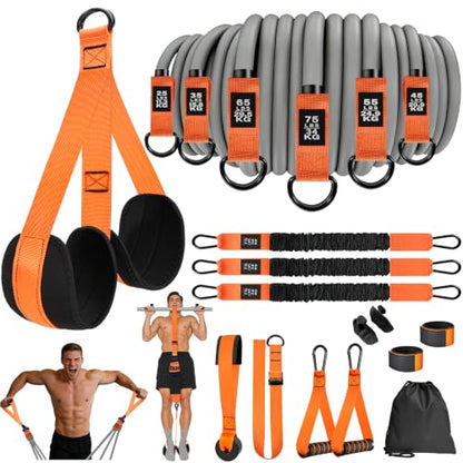 2 in 1 18PCS Heavy Resistance Bands & Assisted Pull Up Bands Combo – 300LBS/225LBS with Non-Slip Handles, Ankle Straps, Door Anchor, Adjustable Bands & Foot Pedals for Strength Training