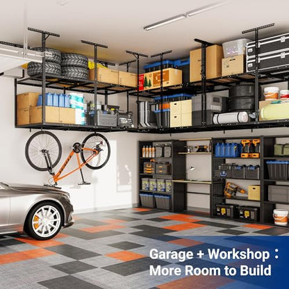FLEXIMOUNTS 4x8 2-Tier Garage Ceiling Storage Rack, Black | 1000 lbs Capacity, Adjustable Height Overhead System, Heavy Duty Metal Shelving, Ideal for 9-15 ft High Ceilings