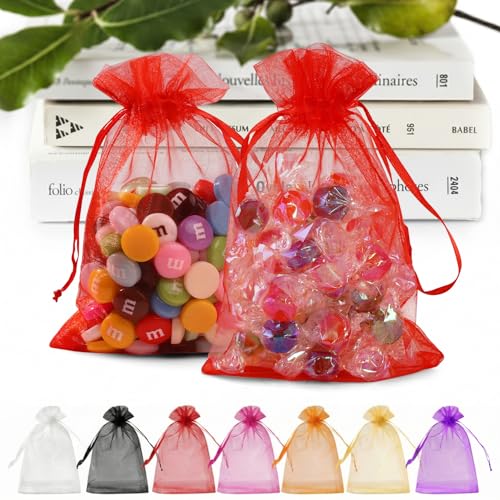 ANZNKU 50 PCS Organza Bags 5 x 7, Red Small Mesh Gift Bags Drawstring | Sheer Goodie Sachet Pouches for Wedding Party Favors Baby Bridal Shower & Halloween, Use for Candy Jewelry Soap Treats Makeup - color: Red