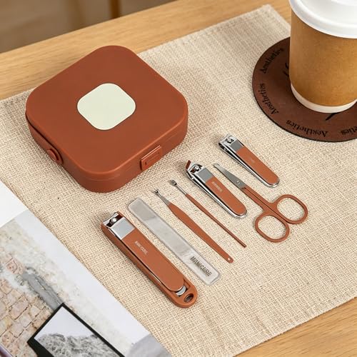 8Pcs Manicure Set, Stainless Steel Nail Clipper Kit with Coffee Carry Case, Professional Nail Care Tools for Home & Travel