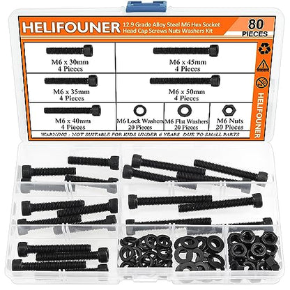 HELIFOUNER 80 Pieces M6 x 30mm /35mm /40mm /45mm /50mm, Hex Socket Head Cap Metric Screws Bolts Washers Nuts Kit, 12.9 Grade Alloy Steel, Fully Threaded, Black - size: M6 x 30/35/40/45/50mm, style: Socket Head