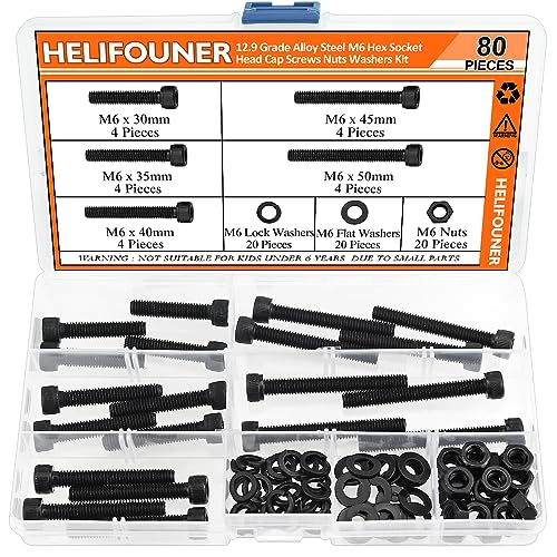 HELIFOUNER 80 Pieces M6 x 30mm /35mm /40mm /45mm /50mm, Hex Socket Head Cap Metric Screws Bolts Washers Nuts Kit, 12.9 Grade Alloy Steel, Fully Threaded, Black - size: M6 x 30/35/40/45/50mm, style: Socket Head