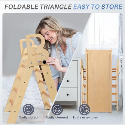 BlueWood Pikler Triangle Set, Foldable Wooden Toddler Climbing Toys Indoor Playground Jungle Gym Montessori Philosophy Climber for 2-6 Years Old, Baby, Kids (Natural Wood, with Cushion) - color: Natural