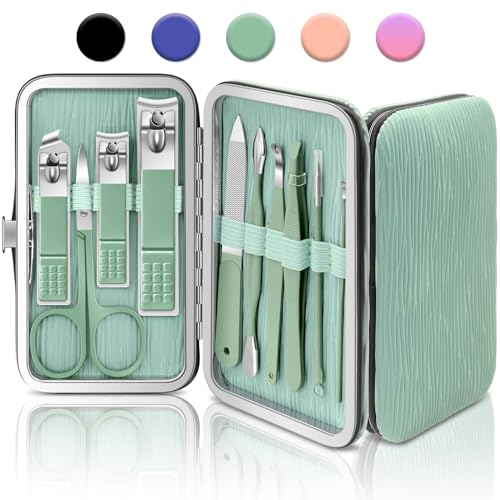 BLESWIN 10-Piece Nail Clipper Manicure Set, Professional Small Nail Care Kit , Nail Clipper Set for Women Men, Ladies Compact Manicure Tools in Case Green Leather Nail Care Gift Set. - color: 4-Green