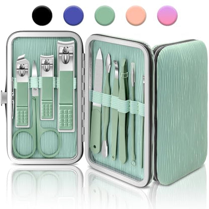 BLESWIN 10-Piece Nail Clipper Manicure Set, Professional Small Nail Care Kit , Nail Clipper Set for Women Men, Ladies Compact Manicure Tools in Case Green Leather Nail Care Gift Set. - color: 4-Green