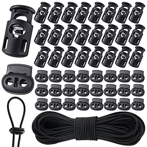 Patelai 50 Pieces Cord Locks Spring Toggles Stoppers Plastic Single Hole End Stopper Slider and 1/8 Inch 66 Feet Elastic Bungee Cord for Drawstring Shoelaces Clothing Bags(Black, Mixed Style) - size: Black, style: Mixed Style