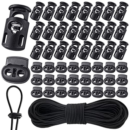 Patelai 50 Pieces Cord Locks Spring Toggles Stoppers Plastic Single Hole End Stopper Slider and 1/8 Inch 66 Feet Elastic Bungee Cord for Drawstring Shoelaces Clothing Bags(Black, Mixed Style) - size: Black, style: Mixed Style