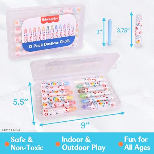 Fisher-Price™ Dustless Chalk Set - 12 Bright Colors with Adjustable Holders, Portable Storage Case, Washable Art Supplies, Safe & Non-Toxic, Draw on Chalkboards, Sidewalks, and Paper