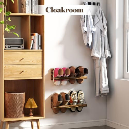 Nisorpa 20 Inches Wall Mounted Shoe Rack, Rustic Burnt Wood Wall Shoe Rack Mounted Slim, and Small Space Saving Shoe Storage Solution for Shoes in Narrow Spaces, Entryways, or Hallways, 2 Pack - size: 20 inch